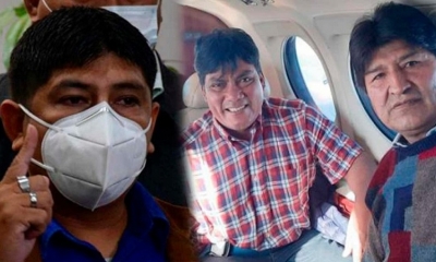 El diputado Rolando Cuellar (i), el diputado Héctor Arce y el líder del MAS, Evo Morales.
