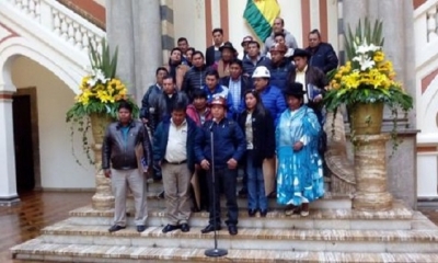 Una de las últimas reuniones de la Conalcam a la cabeza de Juan Carlos Huarachi, dirigente de la COB Foto: Palacio de Gobierno