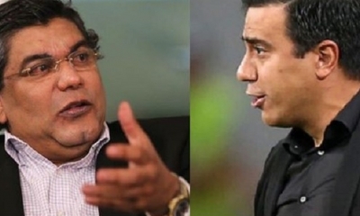 El periodista Enrique Salazar y el DT de la selección boliviana, César Farías