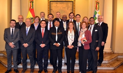 residente Evo Morales , Vicepresidente alvaro Garcia Linera y ministro de reúnen con Directores del BID de América Latina 