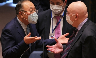 Zhang Jun, Representante Permanente de China en la ONU, y el Embajador Vasily Nebenzia, Representante Permanente de la Federación Rusa.