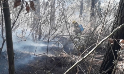 Los bombero apagando brazas en el parque Tunari.
