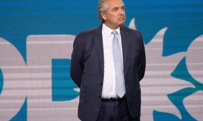 El Presidente en el búnker del Frente de Todos el domingo (Foto: Franco Fafasuli)