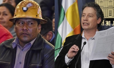 El actual ministro de Minería y Metalurgia, Carlos Fernando Huallpa, y el exministro de esa cartera de Estado, Cesar Navarro 