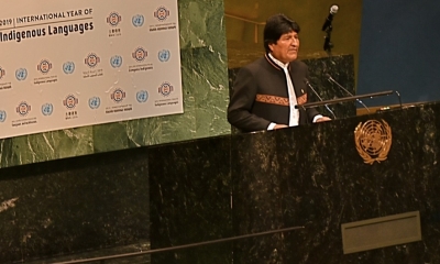 El presidente Evo Morales asiste en Nueva York al acto de lanzamiento del Año Internacional de las Lenguas Indígenas/Foto. ABI