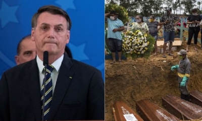 Izquierda: Jair Bolsonaro, presidente de Brasil | Derecha: funeral masivo en Manaos, capital del estado brasileño de Amazonas. 