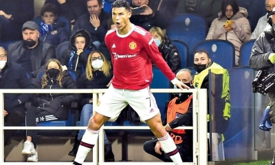 CR7 festeja uno de sus goles ante el Atalanta. EFE
