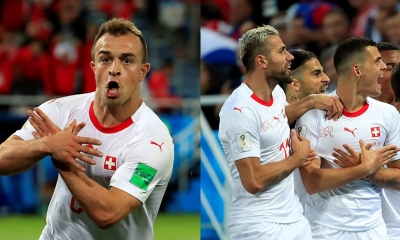 Shaqiri (izq.) y Granit Xhaka celebran con un gesto que causó polémica en redes/Foto. Reuters