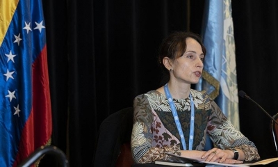 La relatora especial de la ONU Alena Douhan durante conferencia de prensa, en Caracas. | AFP