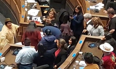 Una asambleísta cayó al suelo en medio de la situación que se salió de control.