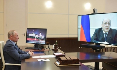 El presidente ruso Vladimir Putin en videoconferencia con el primer ministro ruso, Andrei Belousov. | EFE