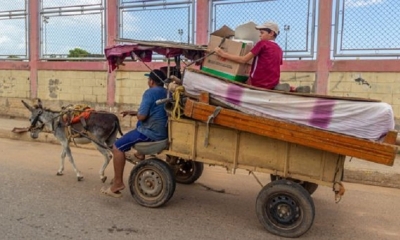 Fotografia del 25 de octubre del 2021 donde se observa a Manuel Leal trabajar con un burro en Maracaibo, Venezuela.