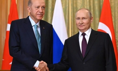 El presidente turco, Recep Tayyip Erdogan, y su homólogo ruso, Vladímir Putin, durante la reunión de este lunes en Sochi, Rusia.