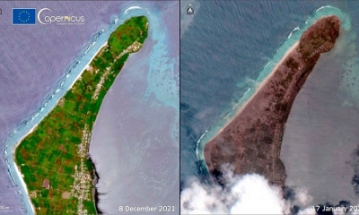 Imágenes de la isla, antes y después del paso de las cenizas del volcán. Captura Copernico.