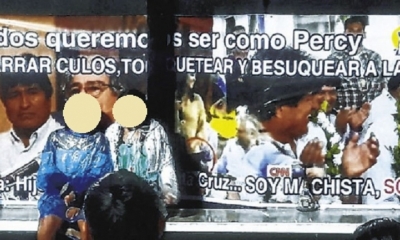 El banner fue destruido en el corso cruceño/Foto. RRSS