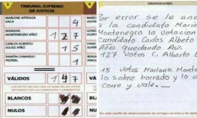 Mariana Montenegro, denunció que cinco actas de registro de votación fueron alteradas con tachaduras y añadiduras para “inflar” la votación para otro 