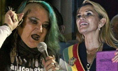 La activista María Galindo (d) y la expresidenta Jeanine Áñez.