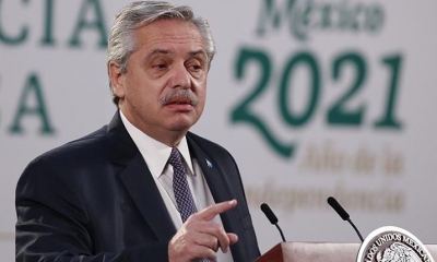 El presidente argentino Alberto Fernández participa de una rueda de prensa, en México. | EFE