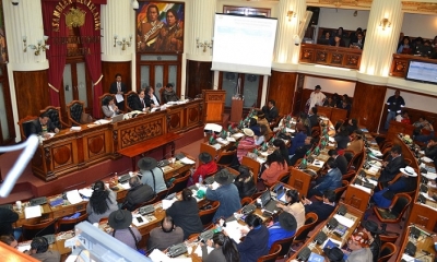 Ministros de Justicia Hector Arce y Minería Cesar Navarro en informe en el Legislativo. Foto: ABI
