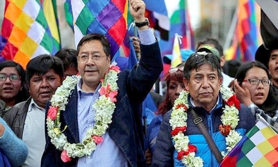 Foto / Archivo :  Luis Arce y David Choquehuanca, durante la campaña. APG