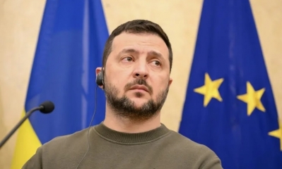 El presidente ucraniano, Volodimir Zelenski, se dirige a los periodistas en Tallin el 11 de enero de 2024 