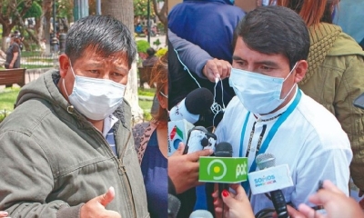 Los candidatos a gobernador León Condori (MAS), Damián Condori (CST) 