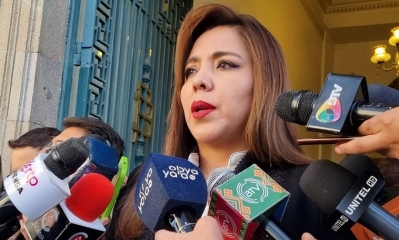 El viceministra de Comunicación, Gabriela Alcón, brinda declaraciones a los medios. 