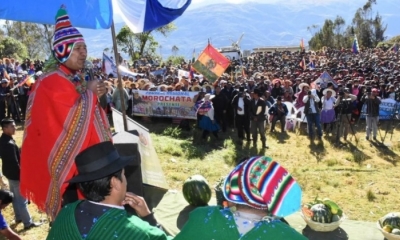 El presidente Evo Morales durante el acto de entrega de atajados para riego en Morochata. Foto: Ministerio de Comunicación.