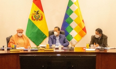 El presidente Luis Arce, la ministra Prada y el vicepresidente Choquehuanca, este miércoles en reunión de gabinete