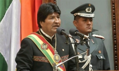 Morales en su discurso de este 22 de enero. Foto: @mincombolivia