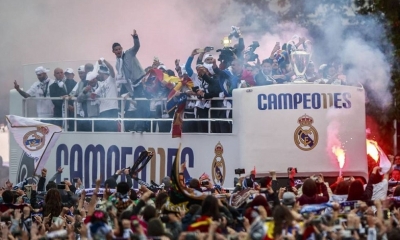 El autobús del Ral Madrid en Cibeles. G.A. MORENO GETTY IMAGES
