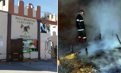 El regimiento en El Alto y el incendio registrado anoche. Fotos: ERBOL y Bomberos.