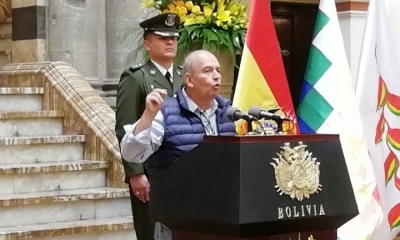 El ministro de Gobierno, Arturo Murillo, en conferencia de prensa. 