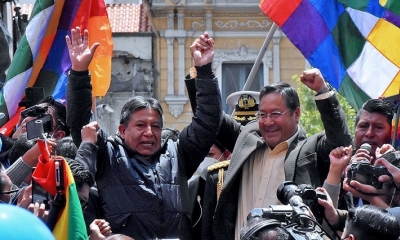 Luis Arce y David Choquehuanca en una concentración anterior.