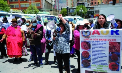 Grupos antivacunas protestaron —la mayoría sin barbijos— contra el carnet de inoculación. / Foto: Carlos Sánchez, Página Siete.