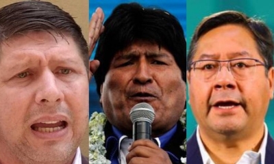 El diputado de Creemos, José Carlos Gutiérrez, el exmandatario Evo Morales y el presidente Luis Arce