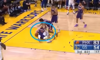 Aron Baynes  cayó  encima de Stephen Curry/Foto. Captura de pantalla