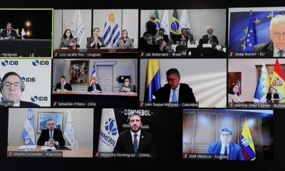 La videoconferencia organizada para celebrar la Cumbre del Mercosur, este jueves. / Foto: AFP