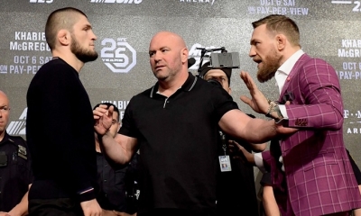 Dana White, presidente de la UFC (centro) con Nurmagomédov y McGregor.