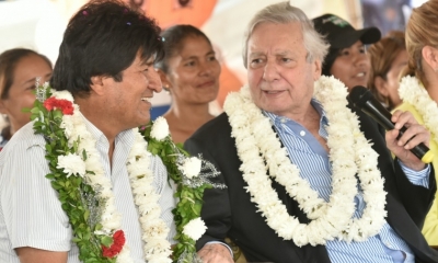 Evo Morales y Percy Fernández en la entrega de obras en el D-12/Foto. ABI