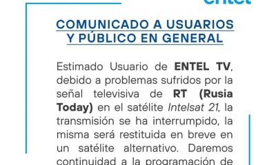Señal televisiva de RT se interrumpe por problema ajeno a ENTEL.