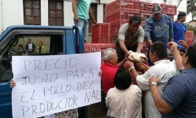 Avicultores de Santa Cruz regalaron pollos vivos a la gente en plena plaza 24 de septiembre. Foto: RRSS