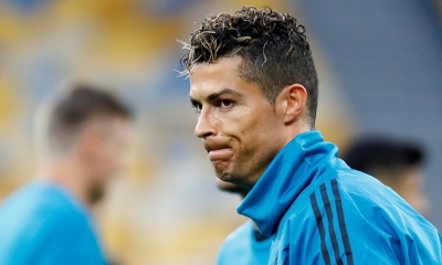Cristiano Ronaldo durante un entrenamiento en el Estadio Olímpico de Kiev, Ucrania, el 25 de mayo de 2018.