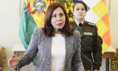 La canciller Karen Longaric, en conferencia de prensa, ayer. | ABI