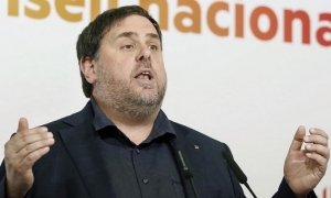 El vicepresidente del Govern, Oriol Junqueras, durante su intervención tras celebrarse la reunión del consejo nacional de ERC.