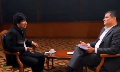 Rafael Correa entrevista al presidente Evo Morales. Foto: RT