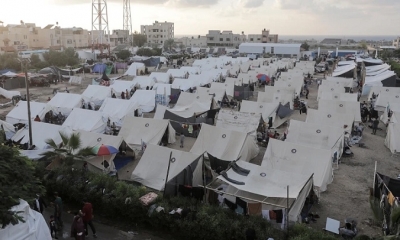 Vista general de un campamento con tiendas de campaña proporcionado por el PNUD para los palestinos desplazados