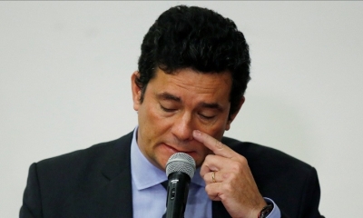 El ministro de Justicia de Brasil, Sergio Moro, durante la rueda de prensa en Brasilia. 24 de abril.