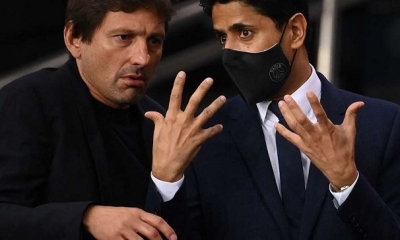 Nasser Al-Khelaifi y Leonardo previo al partido entre el Real Madrid, PSG.