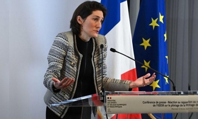 La ministra francesa de Deportes, Amélie Oudéa-Castéra, durante una conferencia de prensa pasada. | AFP